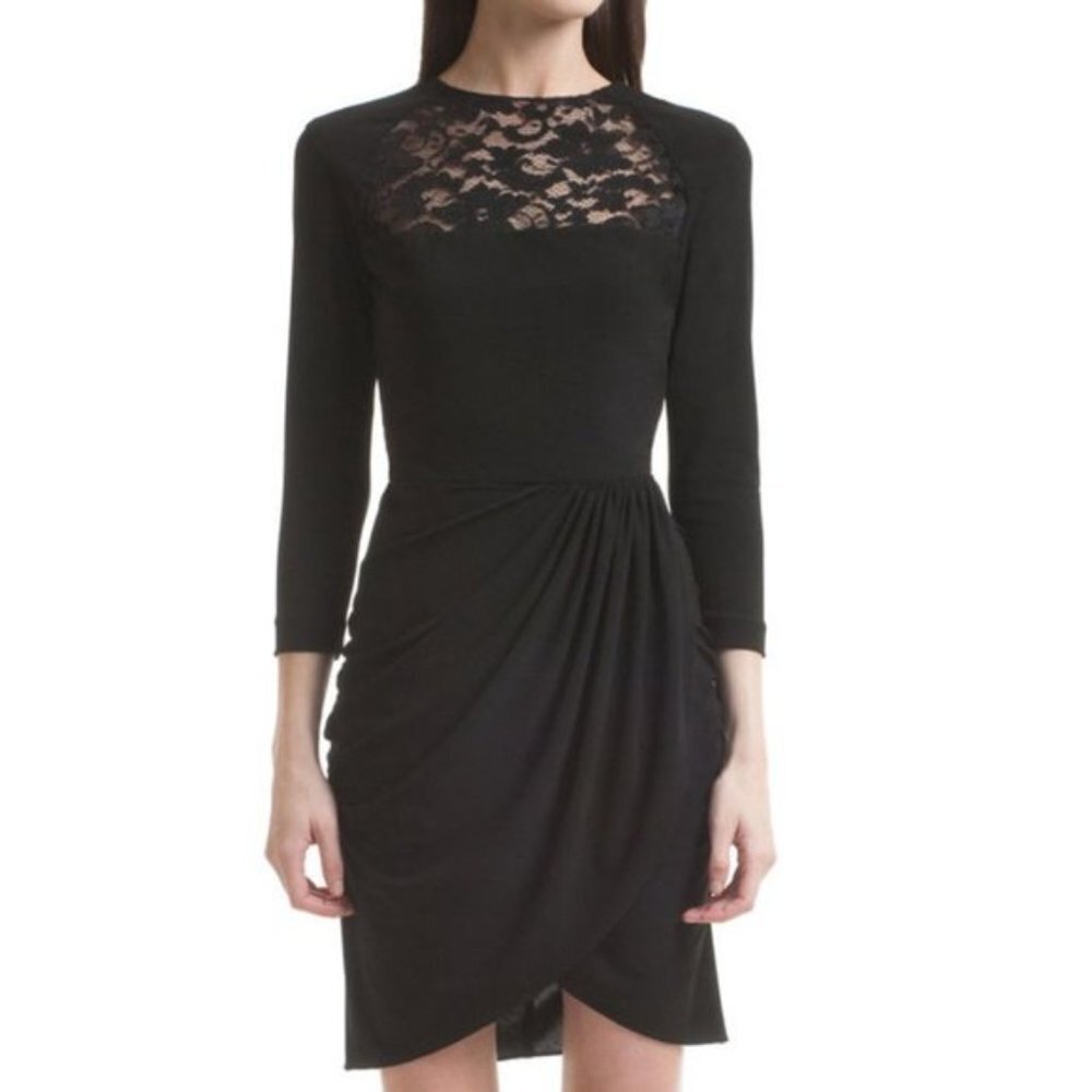 Belle Badgley Mischka Black Ruched Lace Dress Size 2